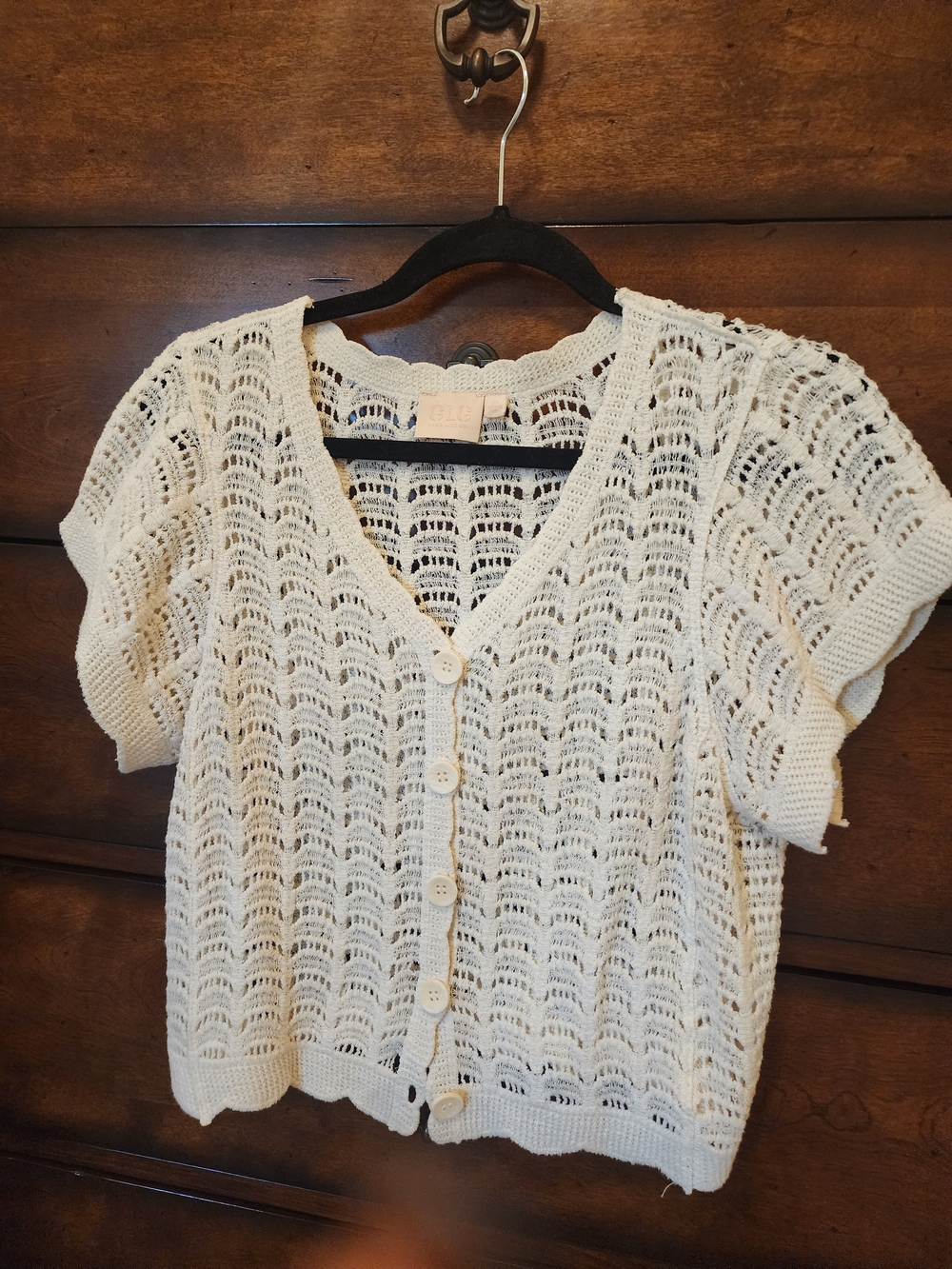 LG Cream Open-Knit Short Sleeve Button Front Cardigan